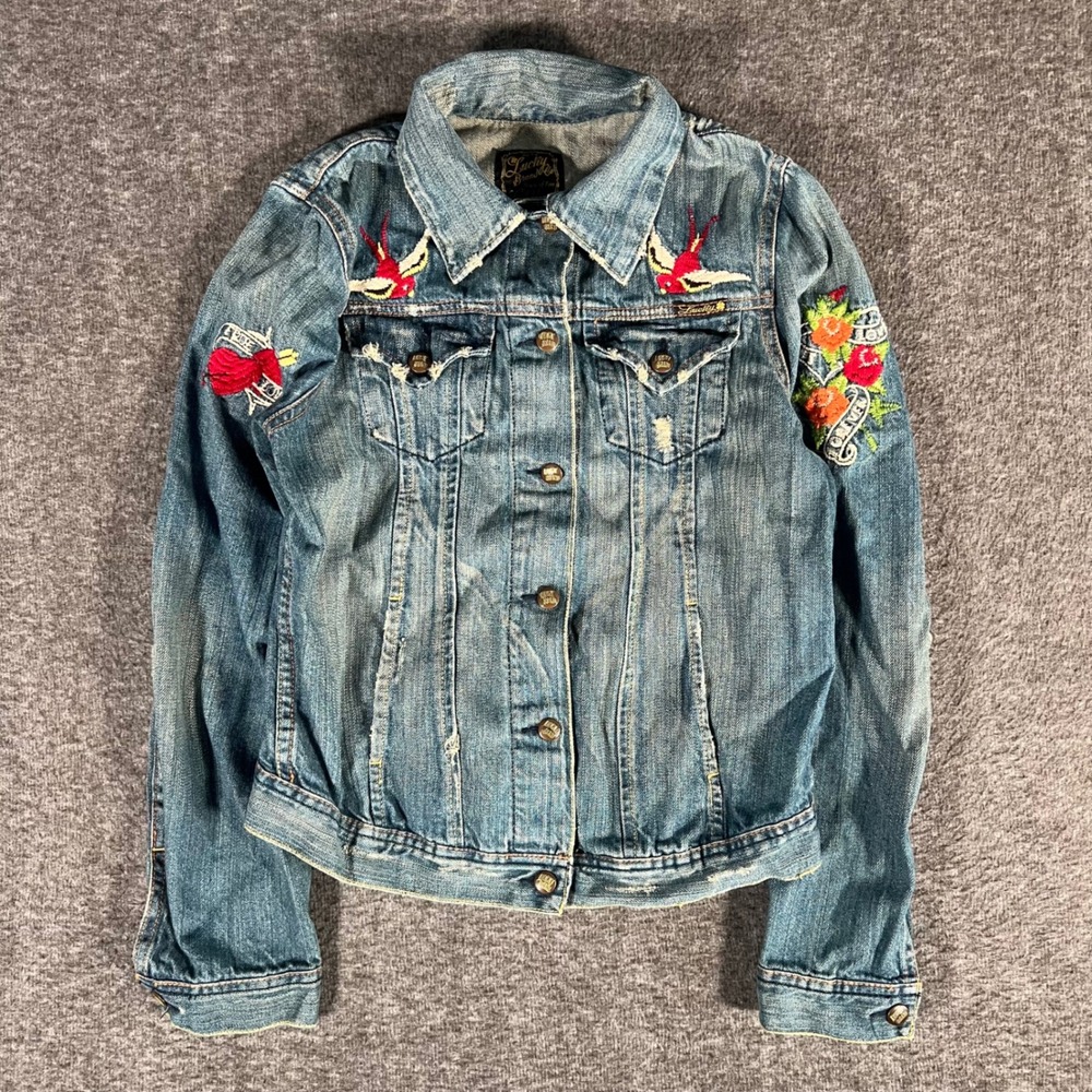 Vintage Lucky Brand Lucky Legend Embroidered Denim Jacket Tattoo Art Y2K Medium